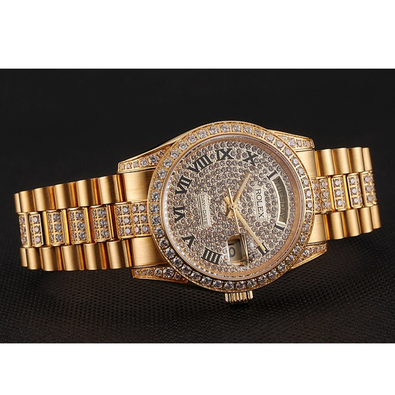Best AAA Replica Sites Day-Date Pave Dial Swiss Diamond 1453956 Bracelet Diamond Rolex Gold 0605